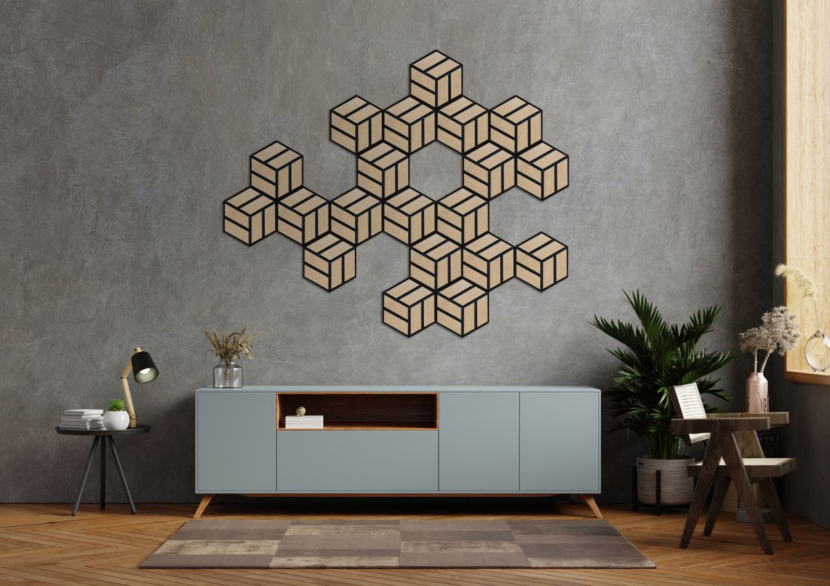 Sechseckige Akustik-Elemente und Zebralook an der Wand 