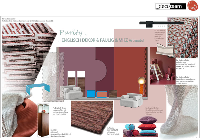 Purity<hr>Purity feiert den Retro-Look neu und spannt den Bogen von modernem Luxus und moderner Eleganz über elegante Klarheit bis hin zum <br>Space-Age-Look. Grafische Muster, geometrische Formen, sinnliche Stoffe mit edlen Texturen und kraftvolle Farben wie Bordeaux, Orange und Cyan kreieren einen puristischen Stil mit Wohlfühlfaktor – inszeniert von Erfal, Englisch Dekor, Höpke, Paulig und Infloor-Girloon. Style Affairs im Fokus