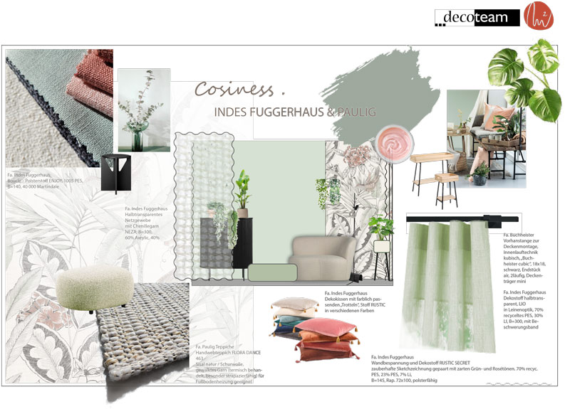 Cosiness<hr>Cosiness begeistert mit einem natürlichen Look. Ob in frischen Pastelltönen, edlen Jade-Nuancen oder sanften Neutralfarben wie Beige und Taupe mit gelben Akzenten – natürliche Transparenzstoffe, Leinenoptiken, Bouclé-Texturen und Samte schaffen eine entspannte, lässige Modernität, die von Unland, Indes, Buchheister, Höpke und Paulig präsentiert wird.<br> Style Affairs im Fokus