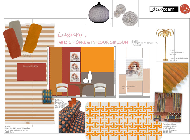 Luxury<hr>Luxury steht für eine farbintensive Modernität mit ausdrucksstarken Farben und Dessins, luxuriös, chic und aufregend. Ob in intensiven Orange- und Bordeaux-Tönen oder in edlen Aqua- und Limette-Nuancen mit stylischen Kontrasten in Schwarz-Weiß – immer trendweisend in Szene gesetzt von Apelt, MHZ, Höpke und Infloor-Girloon.<br> Style Affairs im Fokus