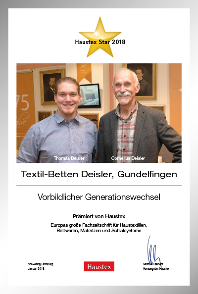 Textil-Betten Deisler-Bettenfachhändler Urkunde Textil-Betten Deisler
