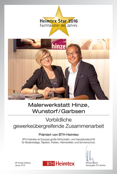 Malerwerkstatt Hinze GmbH-Bettenfachhändler Urkunde Malerwerkstatt Hinze GmbH